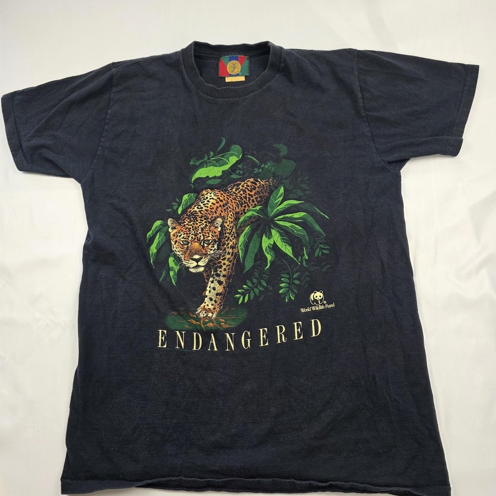 Vintage Jostens WWF Shirt Mens Large Black Endangered Leopard Graphic Tee